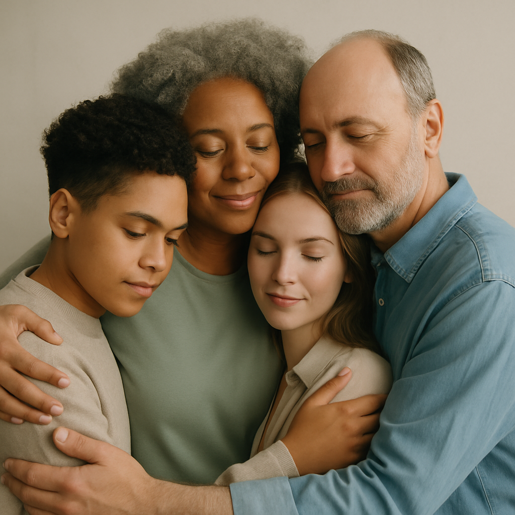 AI generated image of a diverse group of people hugging.